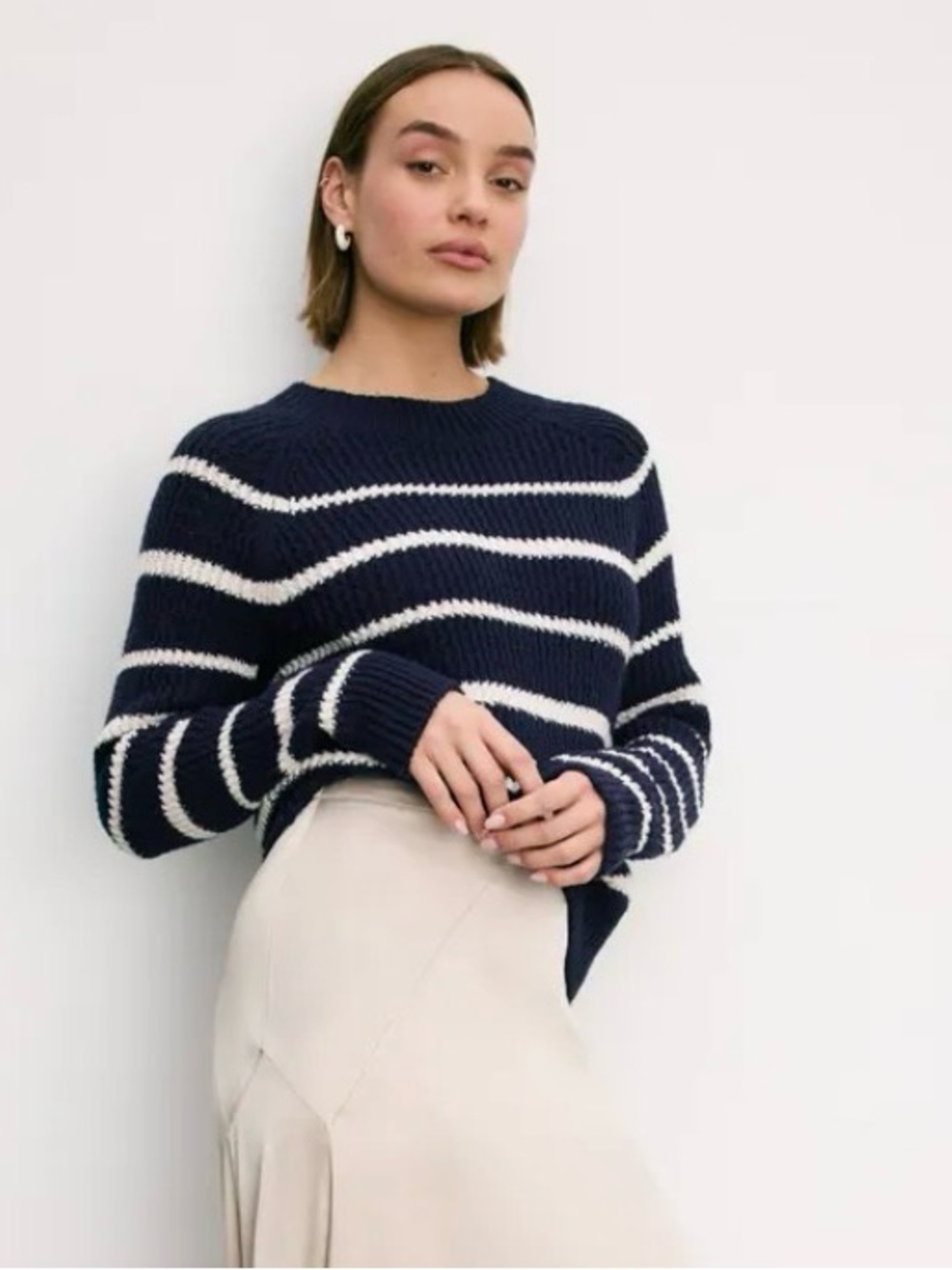 Vince Ribbed Stripe Pullover Navy Blue White Cotton Blend Sweater Womens Medium
